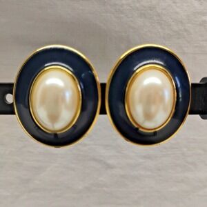 Vintage Monet Black Enamel & Faux Pearl Oval Oversized‎ Clip-On Earrings